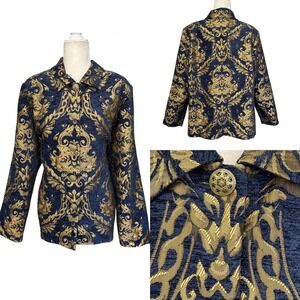 Womens Plus Size 1X Baroque Brocade Blazer Metallic Navy Gold Damask Tapestry